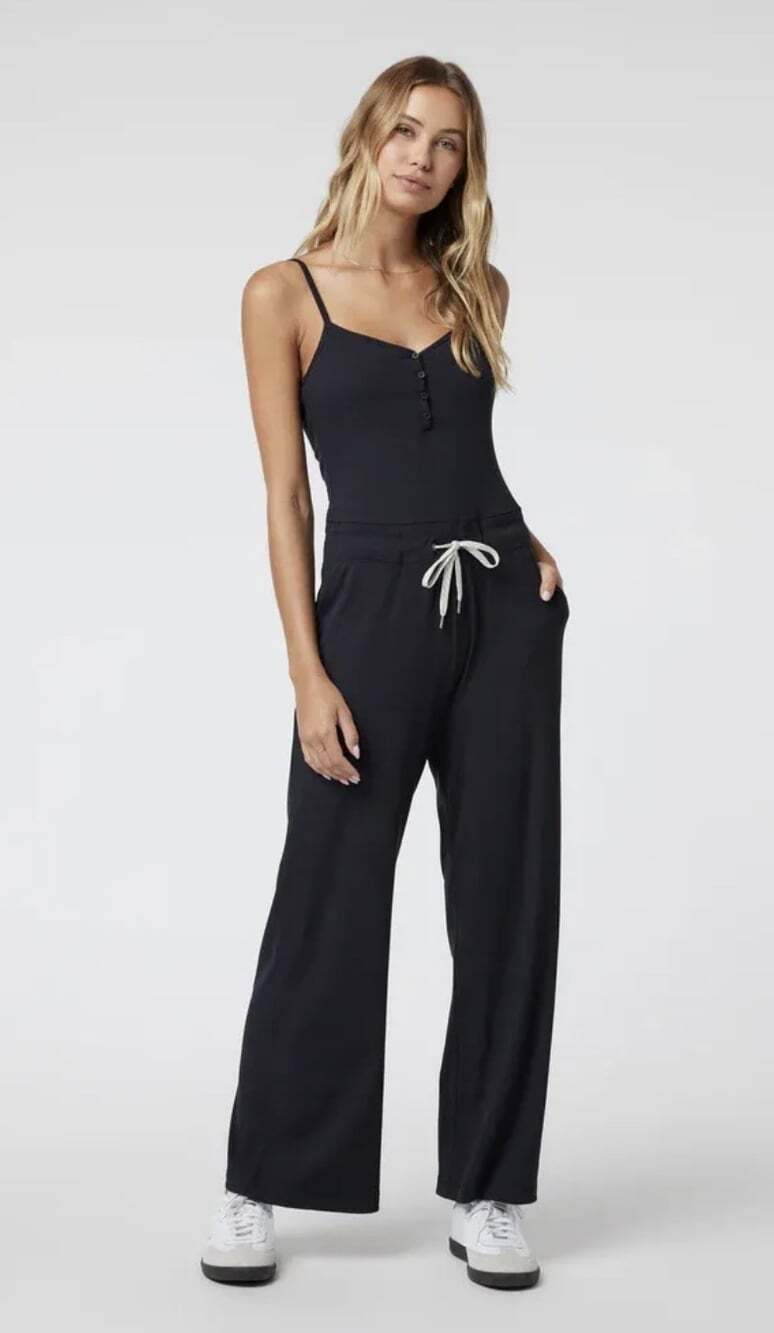 VUORI Pose Henley Jumpsuit Women's Size XS Wide Leg Drawstring Waist Black